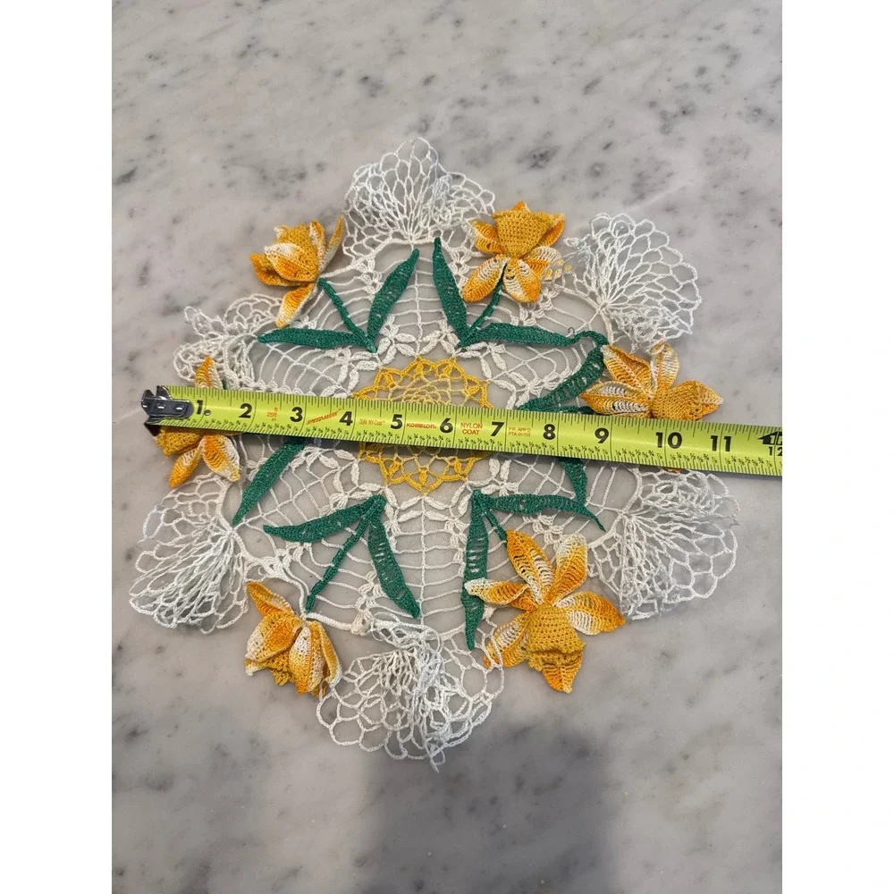 Vintage Handmade Crochet Doily Lot 11pc Floral 3D Green White Yellow Lace Set